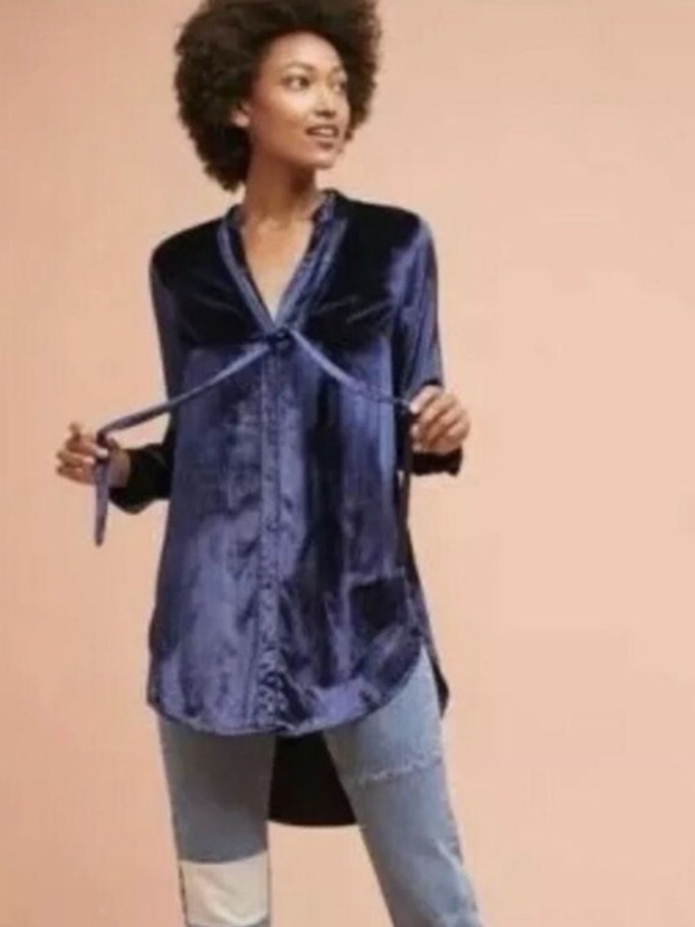 Anthropologie Maeve Tie-Neck Crushed Velvet Navy Blue Blouse